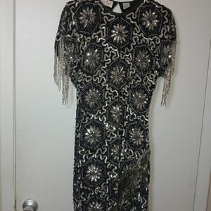 Laurence Kazar Black and Silver Beaded Long Sleeve Dress